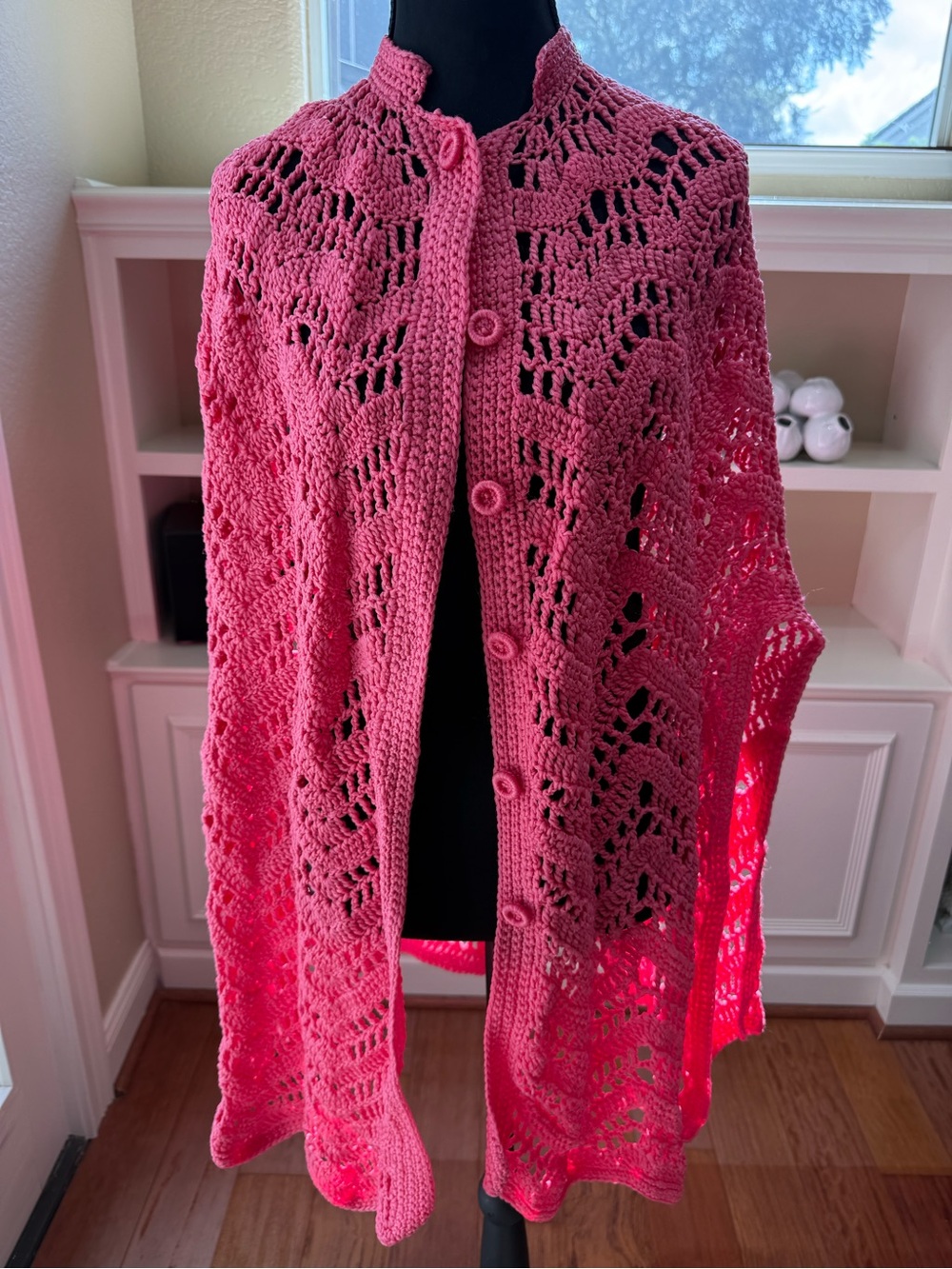 Pink Crochet Button-Front Sweater Cape